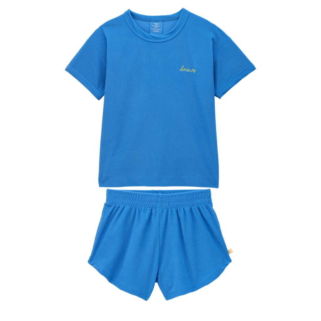 Product shot of the Mike resort wear beach set made from Terry towelling in blue from Baines Collection