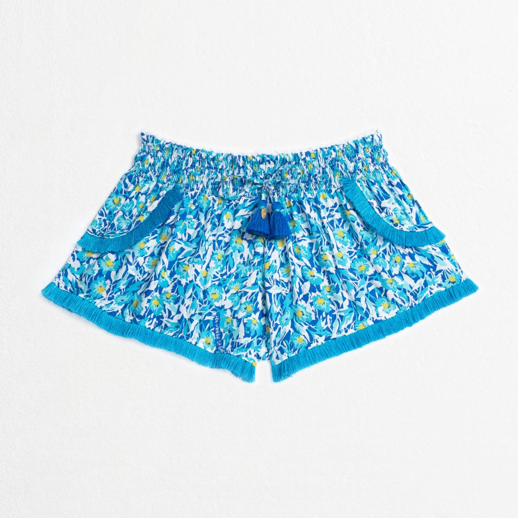 Product shot of the front of the Lulu Boxer Shorts from Poupette St Barth in Blue Ocean Flowers print