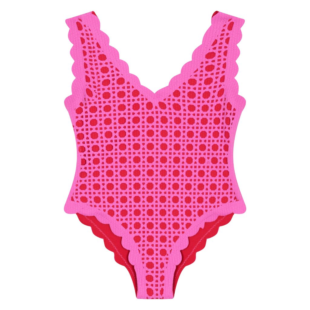 Front product shot of the Marysia Bumby Charlston Laser Cut Maillot Swimsuit in Orchid Cane