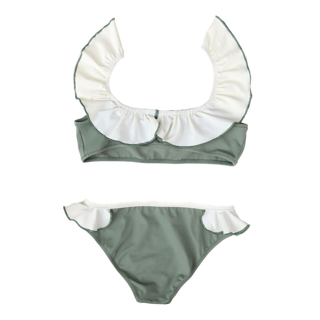 Product shot of the back of the Folpetto Elisa bikini in sage green and ivory