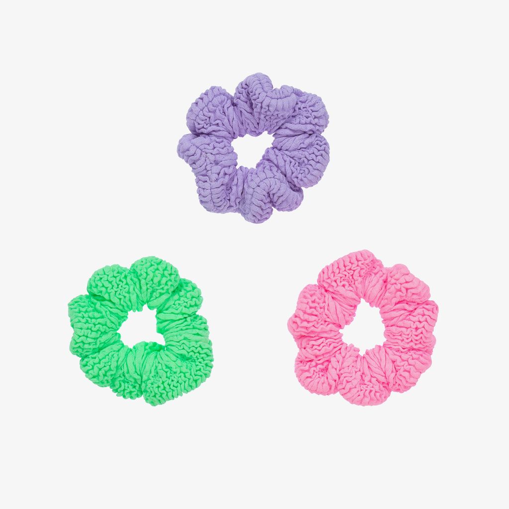 Close up of each individual hair scrunchie from the Hunza G pack of 3 kids scrunchies in bubblegum, lilac and lime