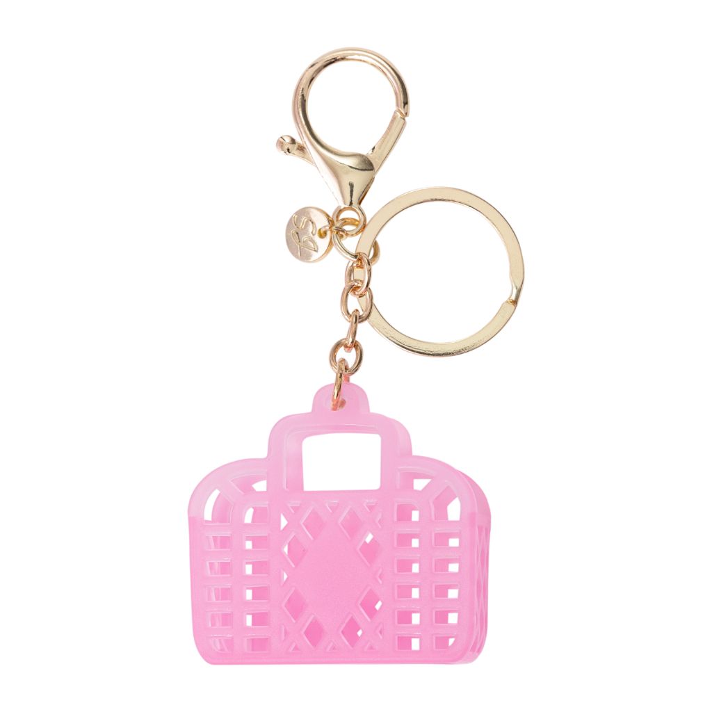 Product shot of the neon pink itty bitty retro bag charm from Sun Jellies
