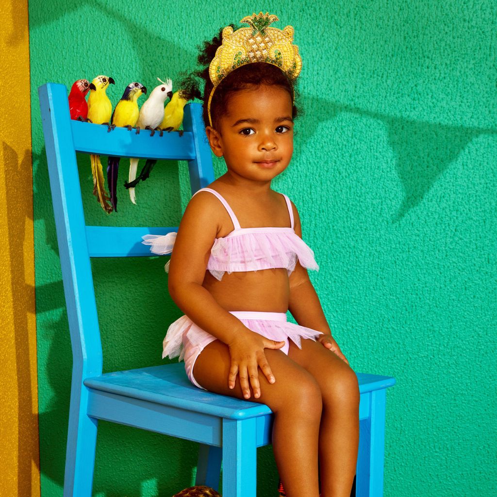 Toddler wearing Tutu Du Monde SS24 swimwear collection Rosa Bikini in Pink Fairy Floss