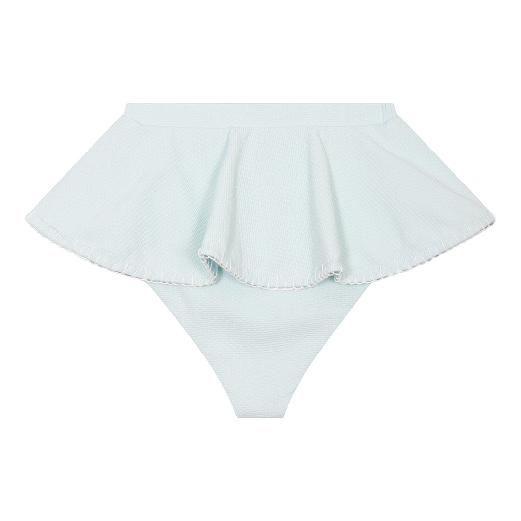 Product shot of the back of the Marysia Bumby Trulli Bikini Bottoms in Morning with coconut embroidery