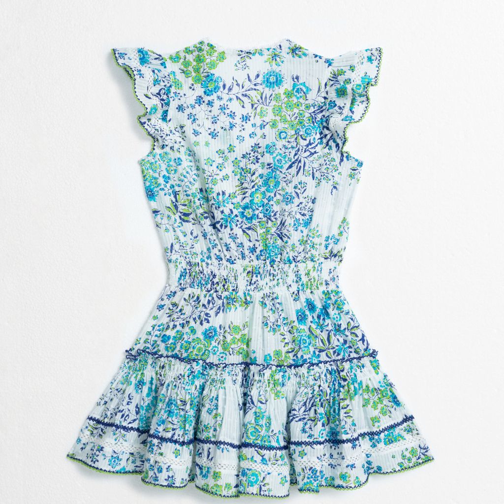 Product shot of the back of the Poupette St Barth Kids Anais Mini Dress in cotton in Blue Queen Liberty print