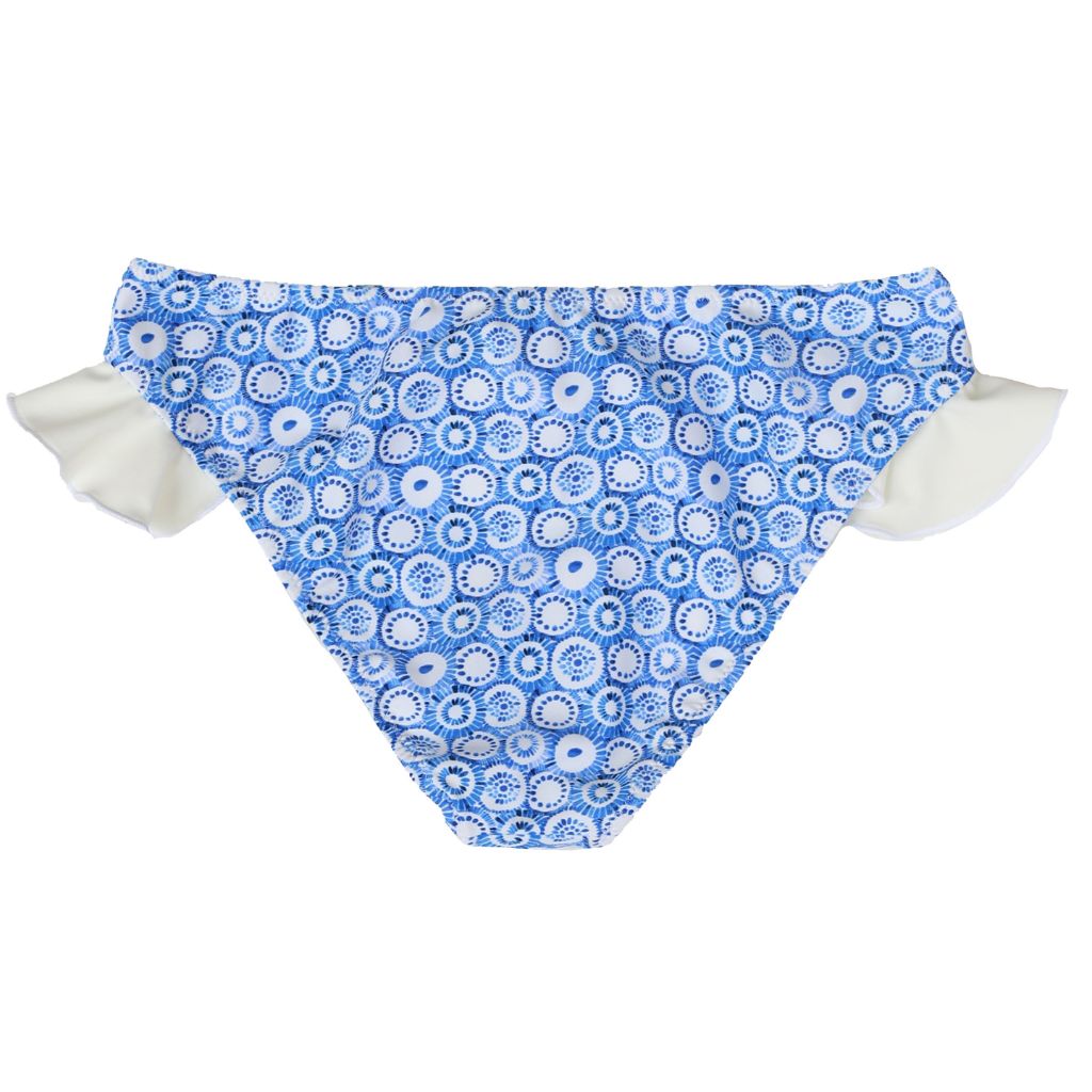 Product view of the back of the Folpetto baby and toddler girl Nora swim pants in dusty blue jellyfish print