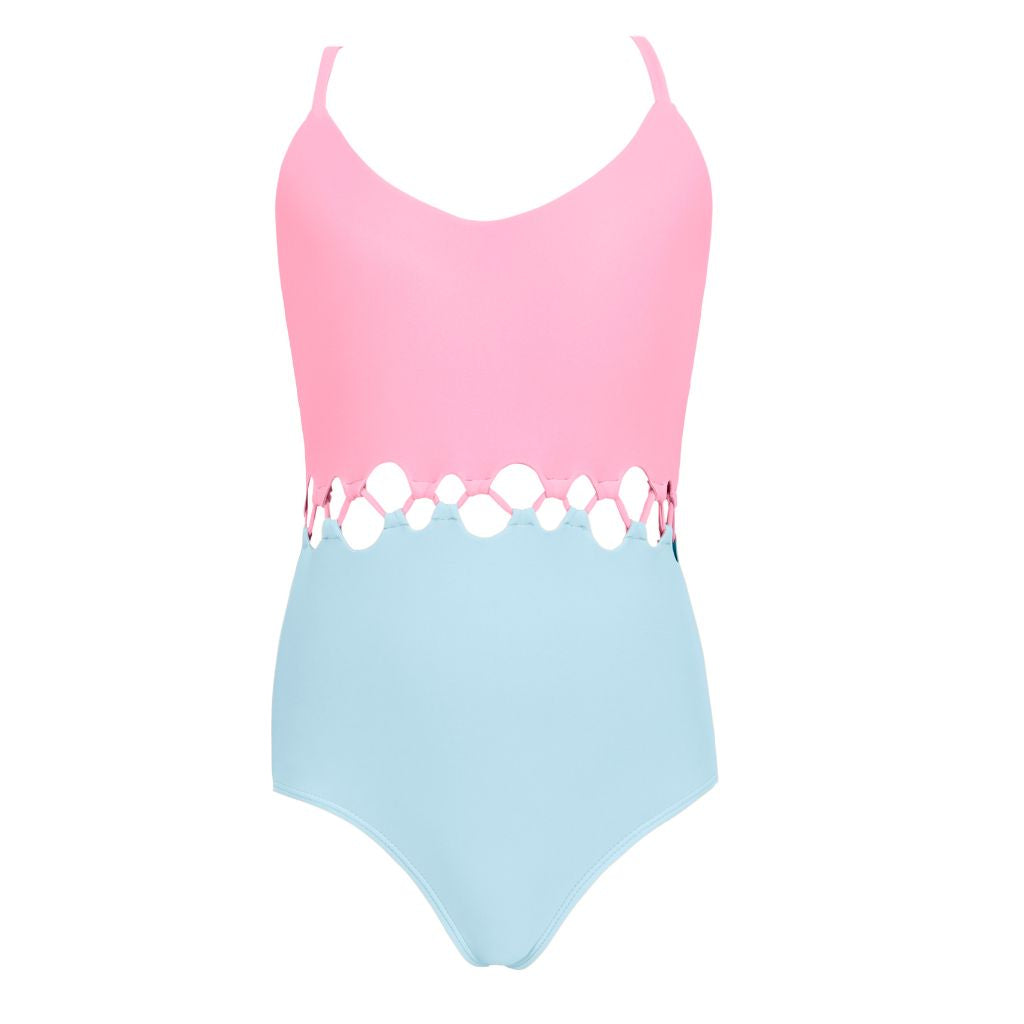 Product shot of the front of the PQ Swim Girls Pop Pink Cammy Loop One Piece Swimsuit