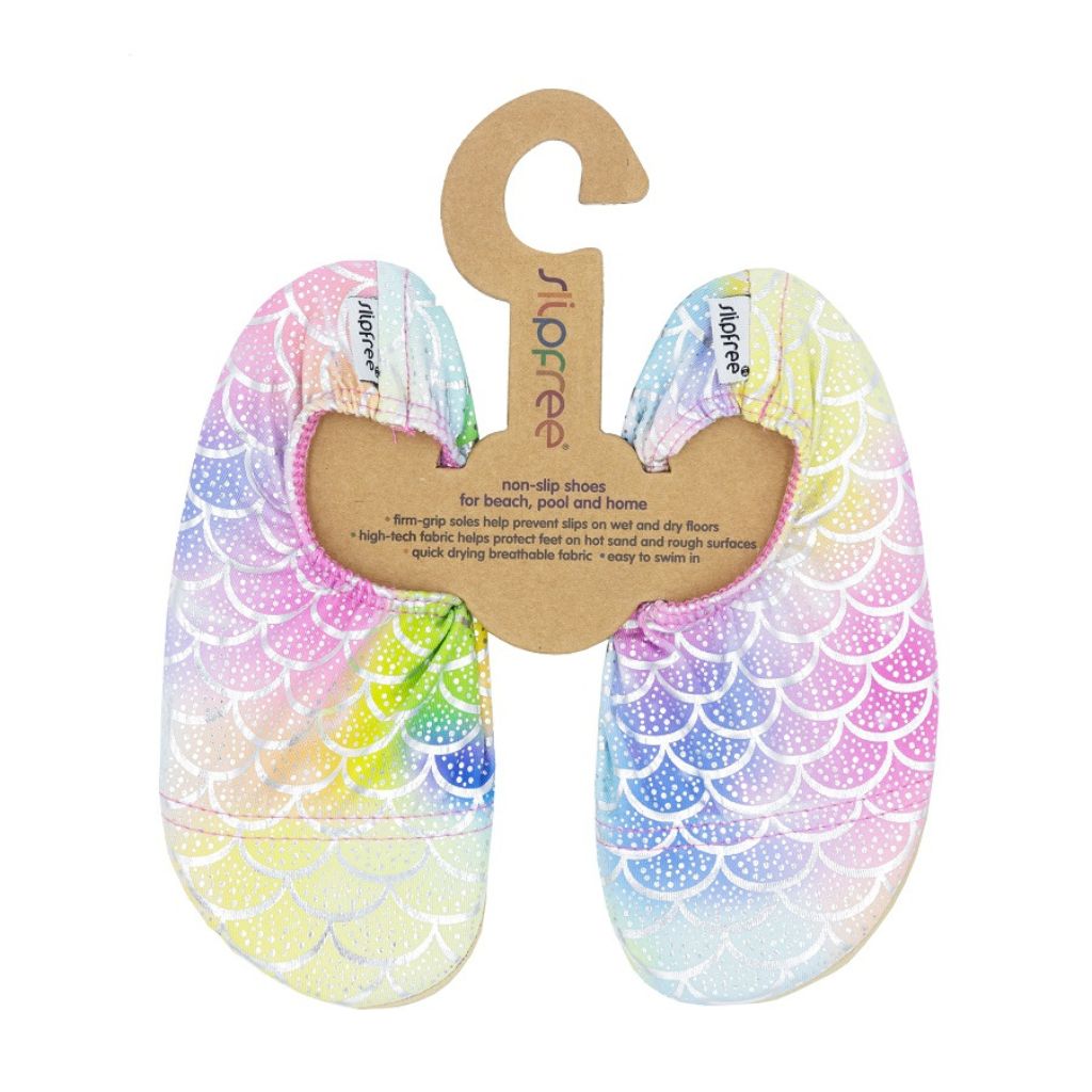 Product shot of the front of the Slipfree Finny Metallic Foil Pastel Scale Print Non-Slip Shoes for Infants, Toddlers and Children