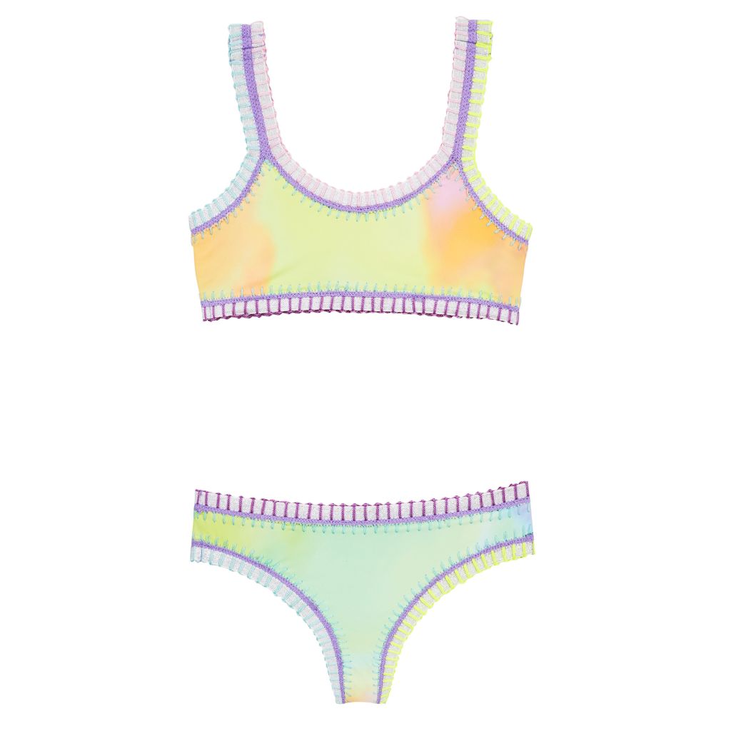 Product shot of the front of the PQ Swim Girls Sunrise Sporty Rainbow Embroidered Two Piece Bikini