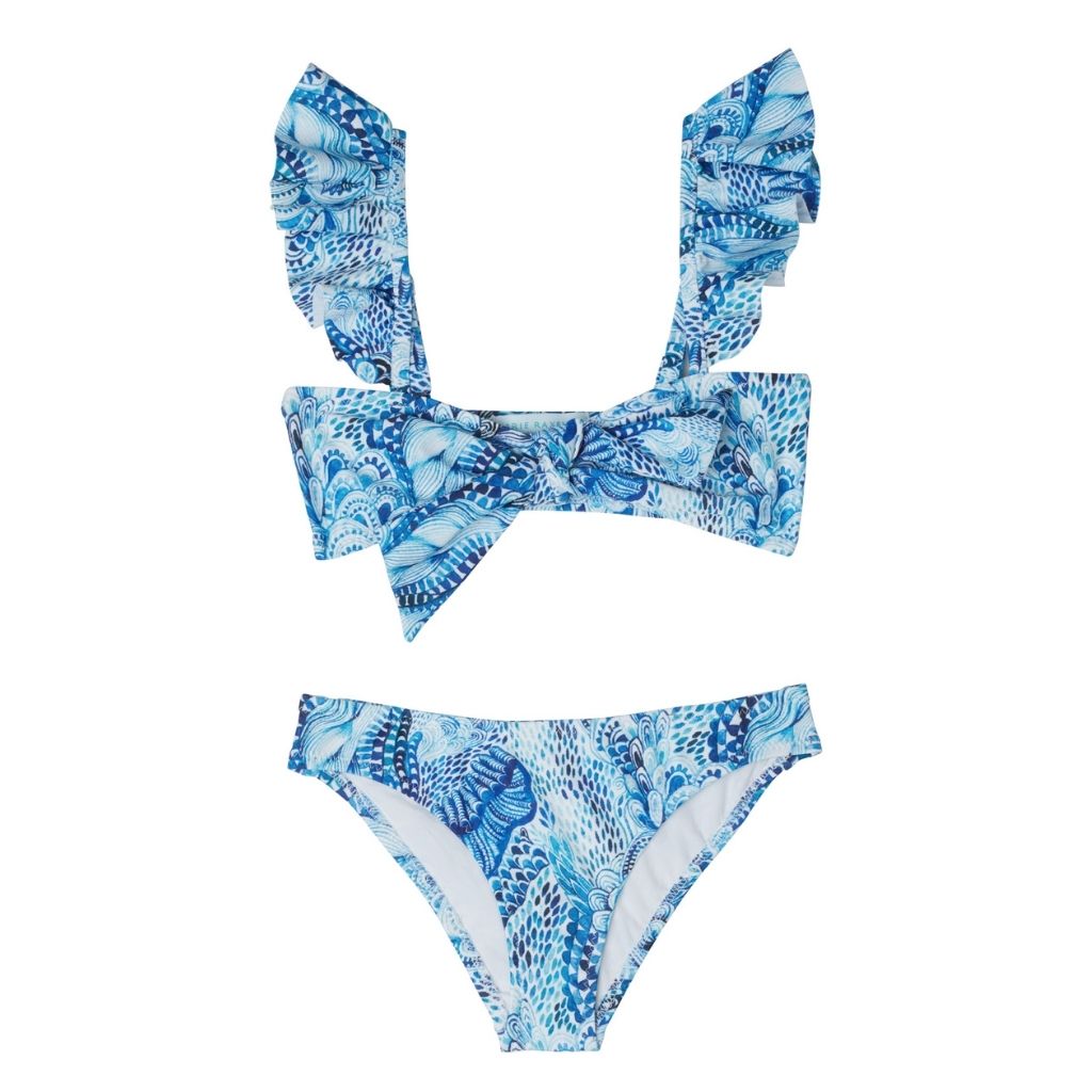 Product shot of the front of the Marie Raxevsky tie knot bikini in waves print