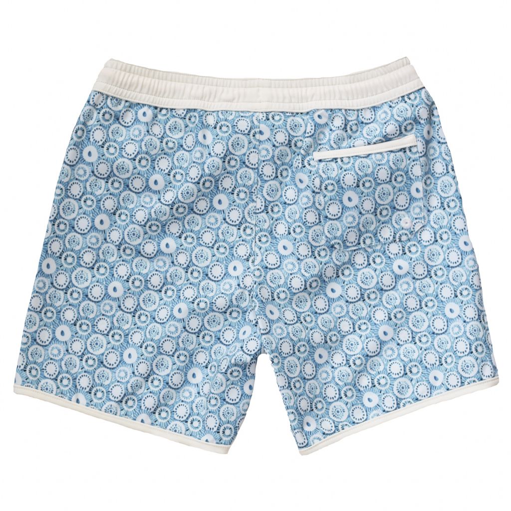Product shot of the back of the Folpetto Tommaso swim shorts in dusty blue jellyfish print