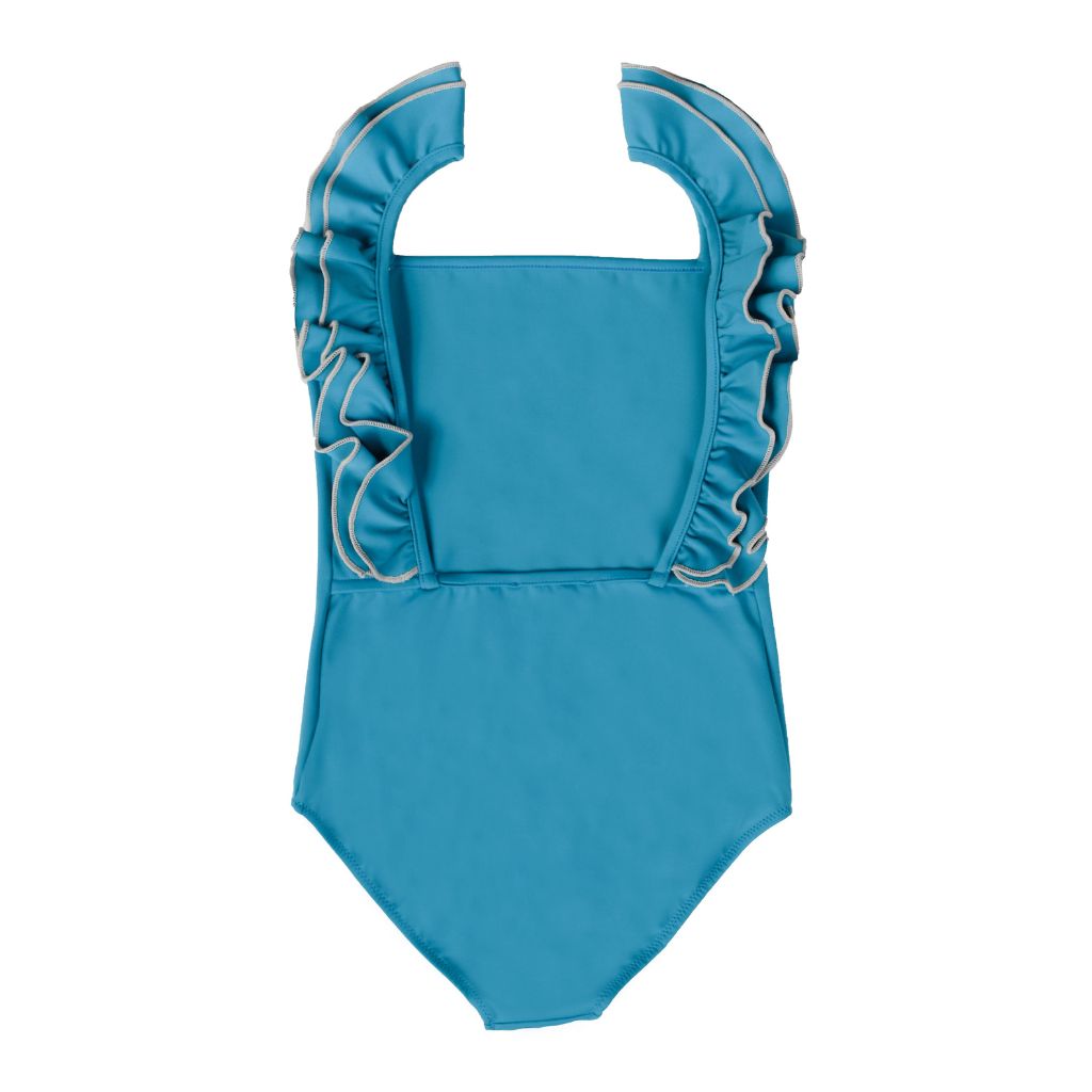 Product shot of the back of the Folpetto Valentina Girls Ruffle Swimsuit in Space Blue and Sparkle