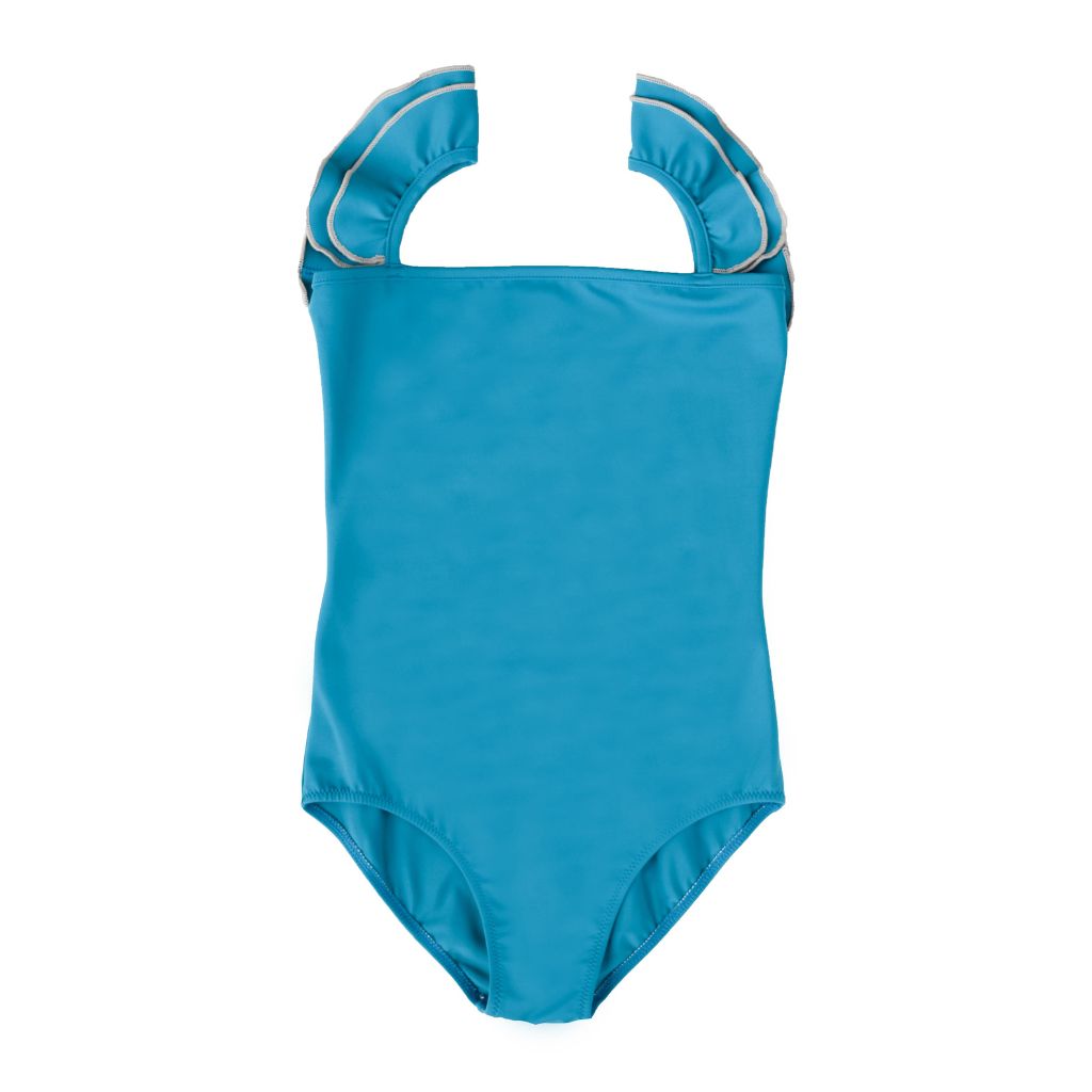 Product shot of the front of the Folpetto Valentina Girls Ruffle Swimsuit in Space Blue and Sparkle