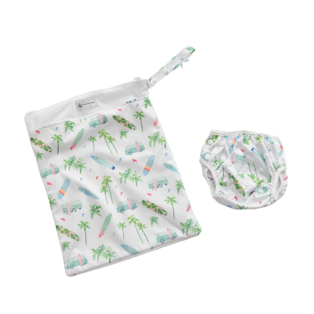 Anchor & Arrow Chasing Waves print unisex reusable wet bag and swim nappy