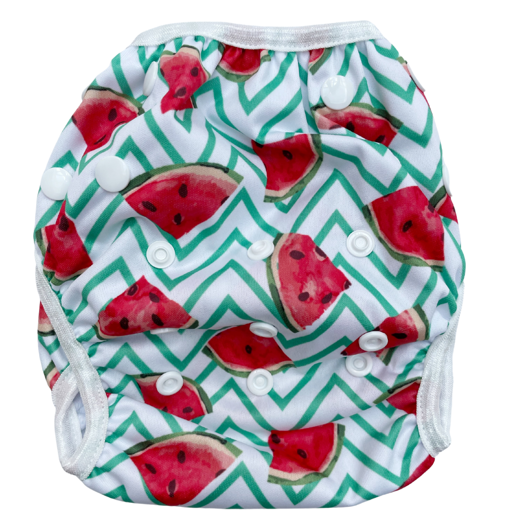 Back of Anchor & Arrow Frolicking Watermelon print unisex reusable swim nappy
