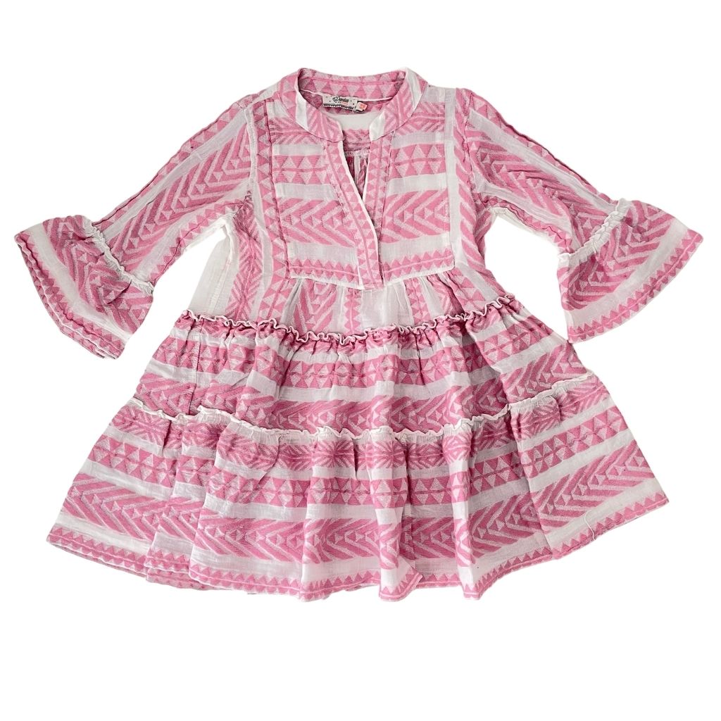 Front of the Ella Mini dress in neon pink from the children's line of Greek brand, Devotion Twins