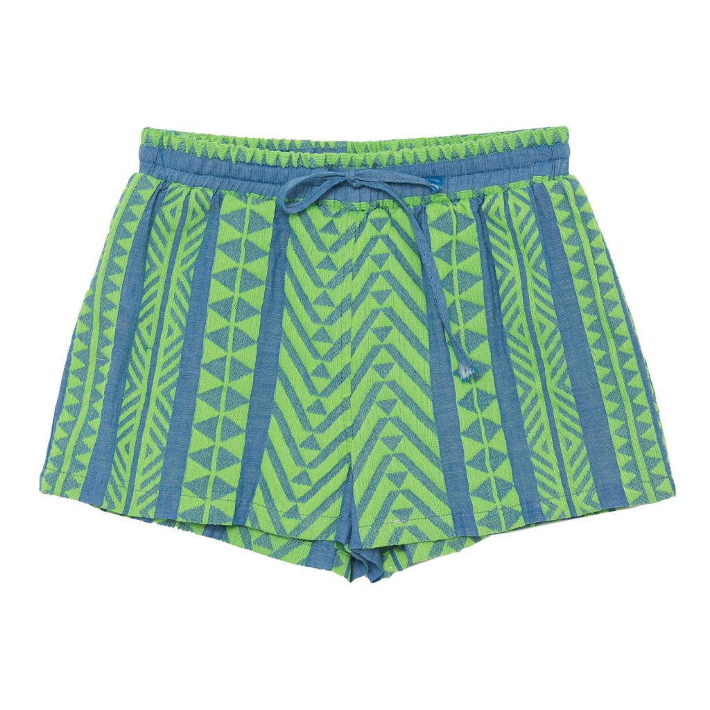 Product shot of the front of the Devotion Twins Stars Evita shorts in neon green and blue