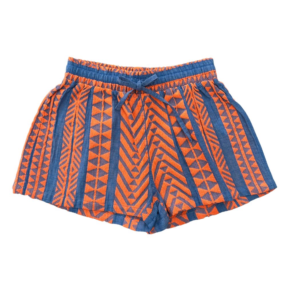 Product shot of the front of the Devotion Twins Stars Evita shorts in orange and blue