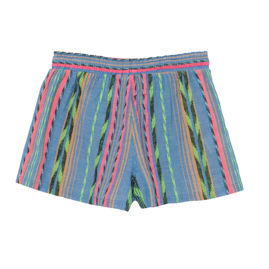 Product shot of back of Devotion Twins Stars Ismini Shorts in blue and neon pink and neon green