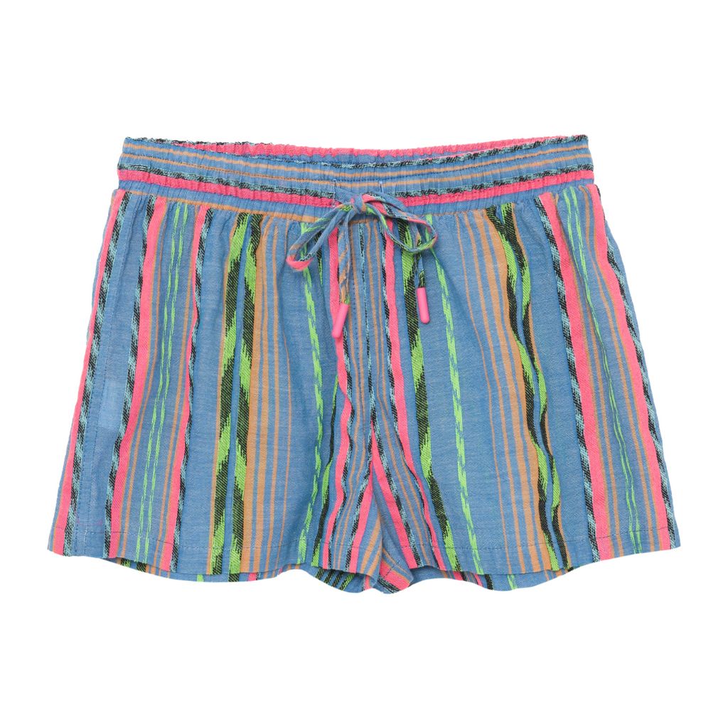 Product shot of front of Devotion Twins Stars Ismini Shorts in blue and neon pink and neon green