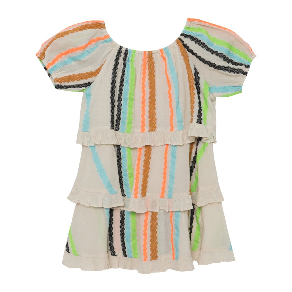 Back product view of the Lyda dress from Devotion Twin Stars featuring multicoloured ric rac trims