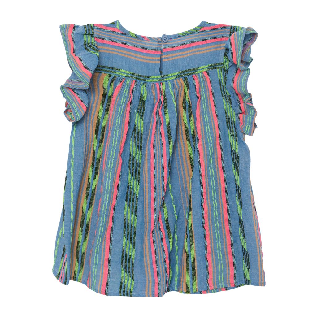 Back product view of the Devotion Twins Stars Sofia blouse in blue and neon pink