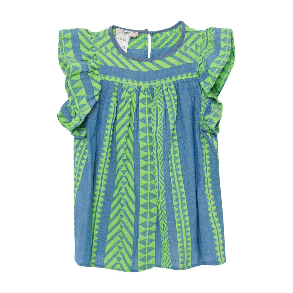 Product shot of the front of the Devotion Twins Stars Violeta blouse in neon green and blue