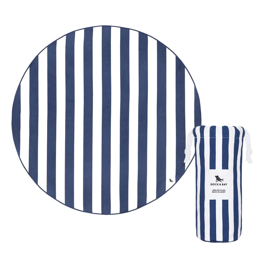 Product shot of Dock and Bay cabana round beach towel and pouch in Whitsunday Blue