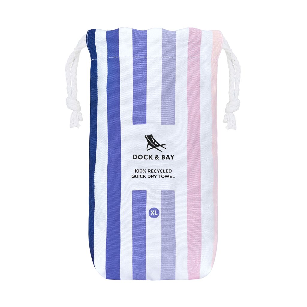 Product shot of Dock and Bay Striped Summer Beach towel pouch in Dusk to Dawn