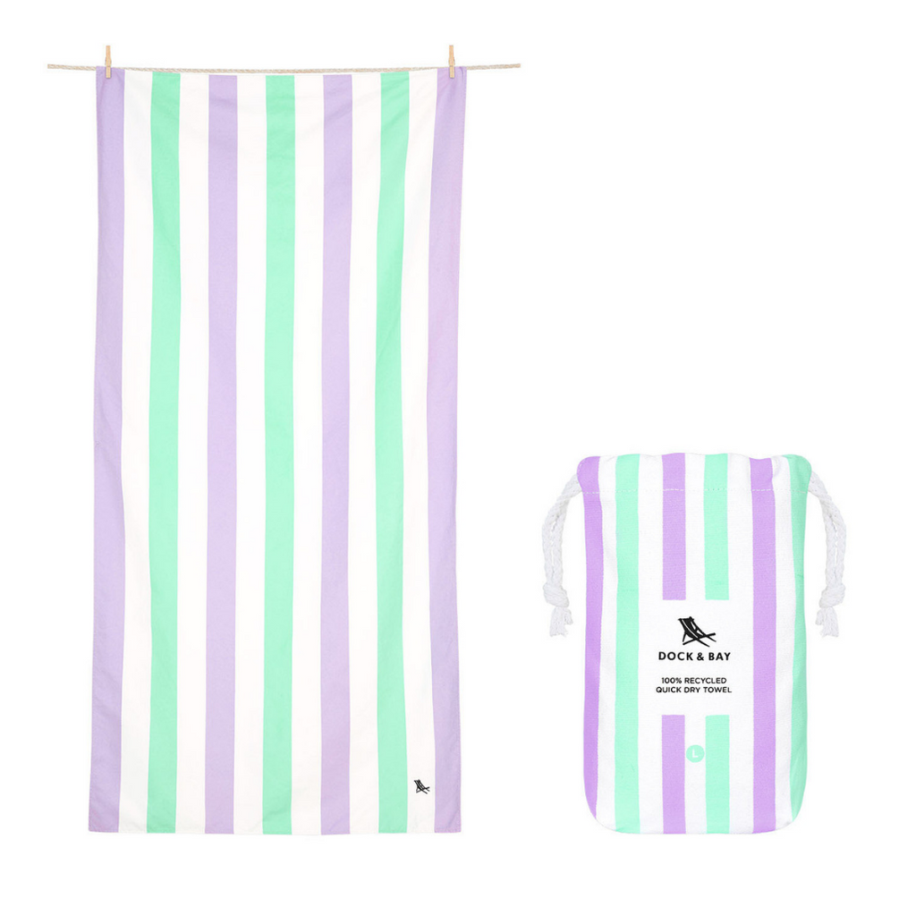 Product image of Dock & Bay summer towel in Lavender fields featuring lilac purple and mint green stripes, complete with protective pouch