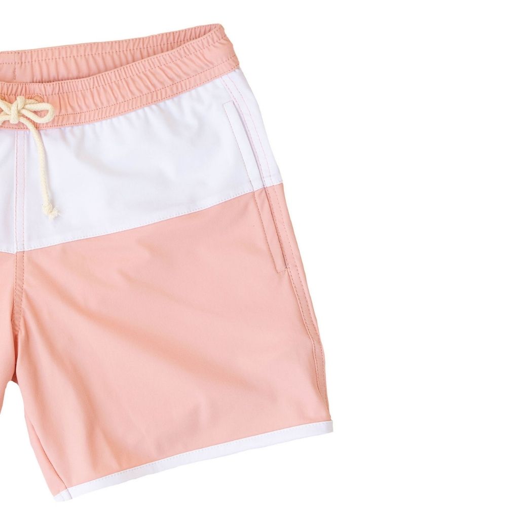 Close up of the stripes and pocket on the Folpetto Jack swim shorts in dusty pink and ivory