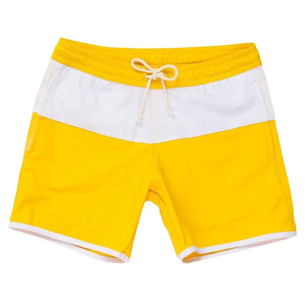 Front view of the Folpetto Jack swim shorts in Sicilian yellow and ivory