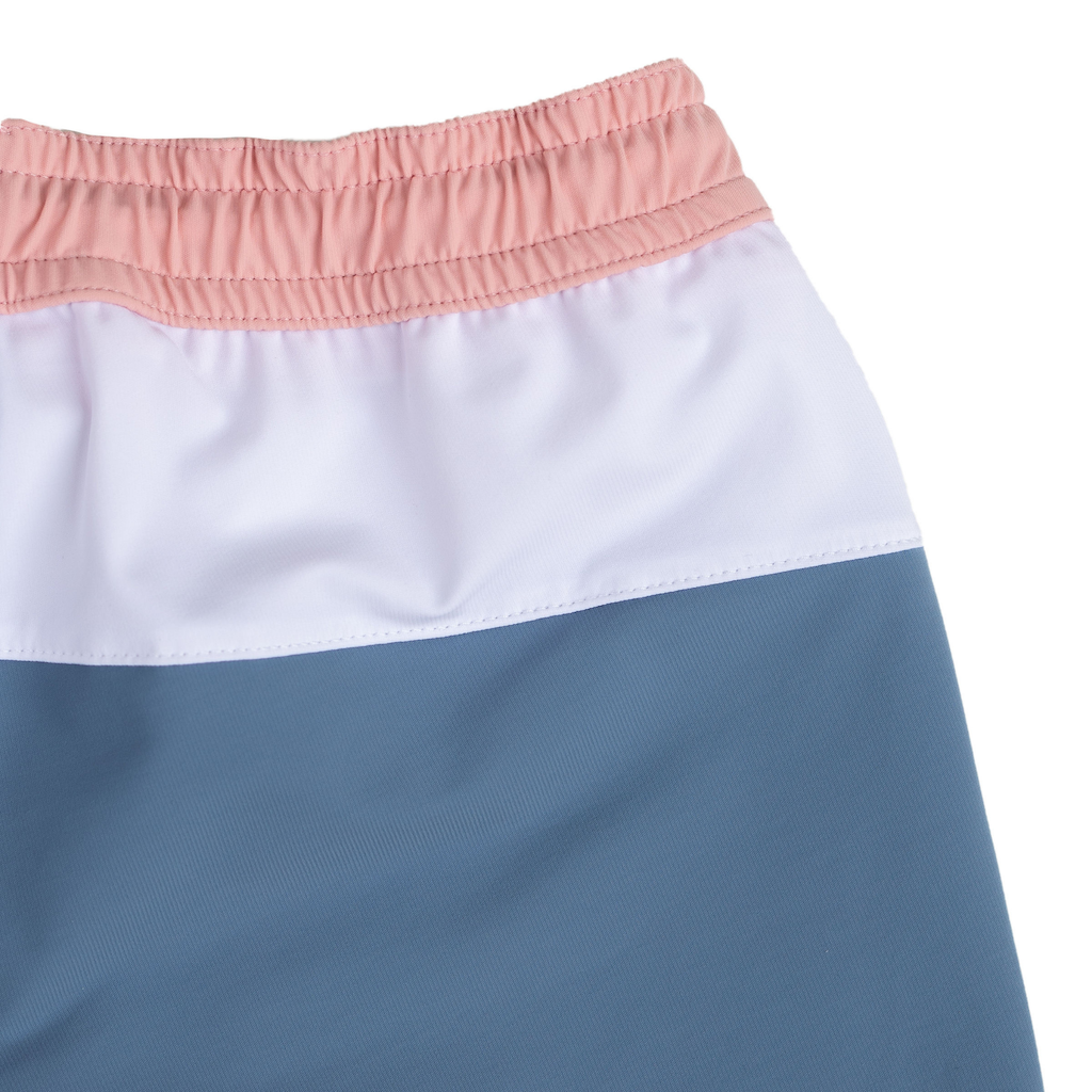 Close up of Folpetto Harry swim shorts for boys in blue and pink