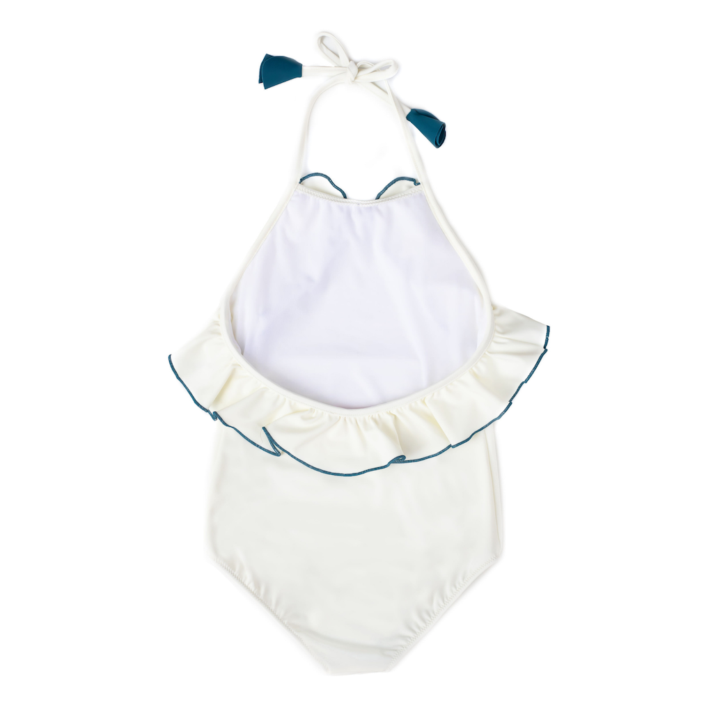 Back of Folpetto linda halterneck girls swimsuit with ruffles in white and teal blue