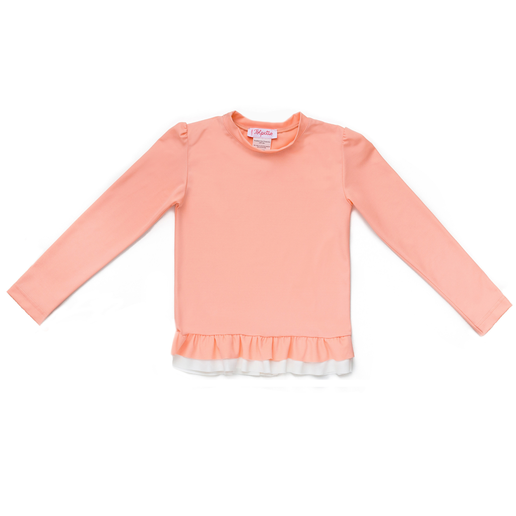 Folpetto Lucie rash guard cover up for girls in peach pink with white ruffle