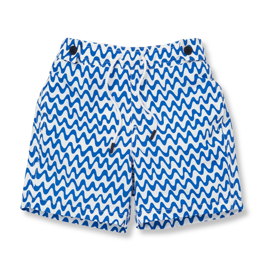 Frescobol Carioca Copacabana swim shorts for boys in blue and white wave pattern