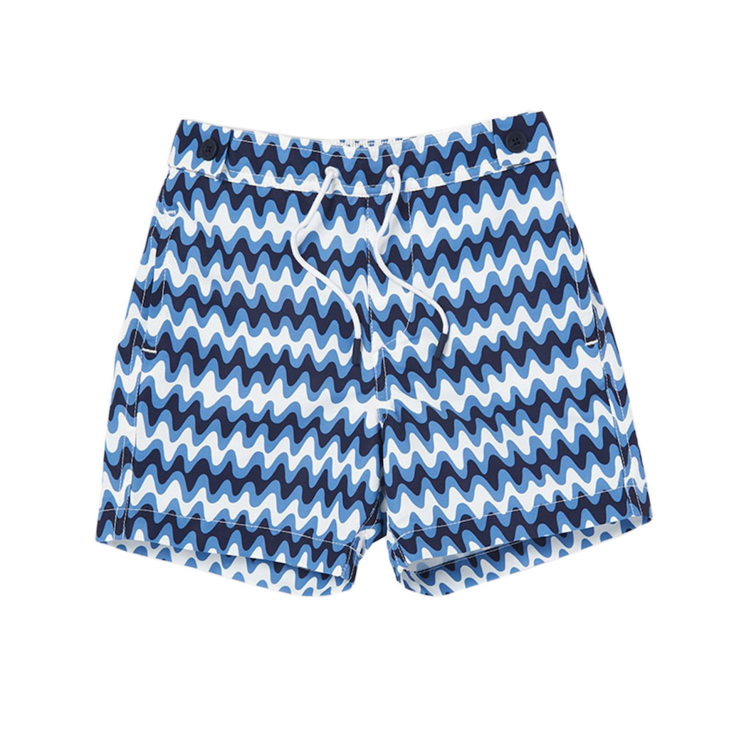 Frescobol Carioca Copacabana swim shorts for boys in navy blue and white wave pattern
