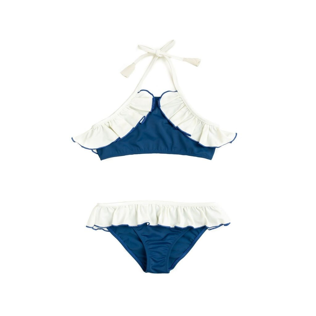 Front view of Folpetto brand Leila Bikini in Night blue and Ivory