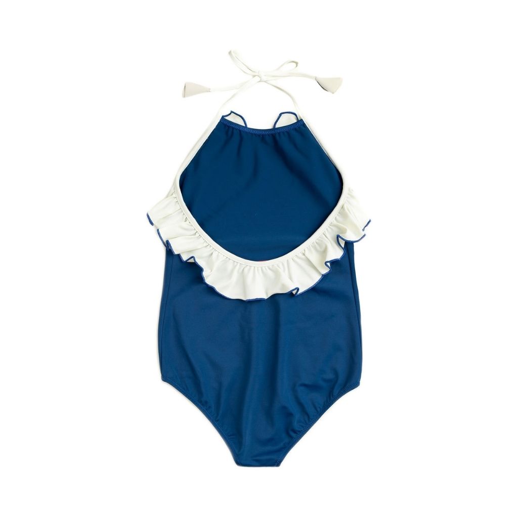 Back view of Linda one piece swimsuit from Folpetto in Night Blue and Ivory