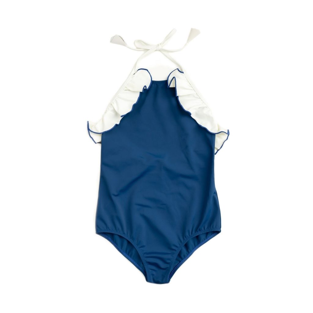 Front view of Linda one piece swimsuit from Folpetto in Night Blue and Ivory