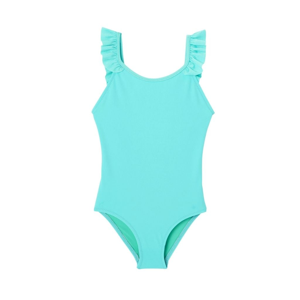 Front view of Lison Paris best-selling girls swimsuit the Bora Bora in new shade for spring summer 2022 Aqua