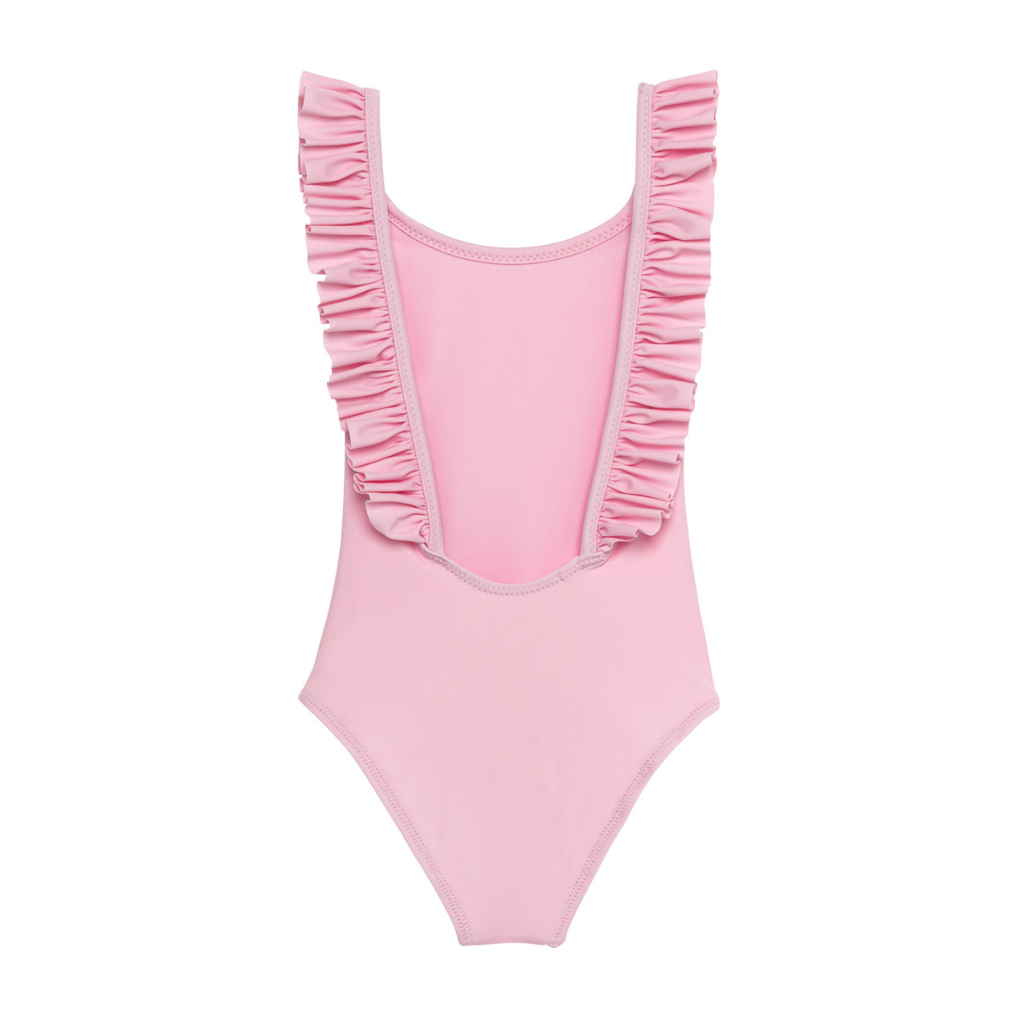 Back of Lison Paris Girl's Bora Bora Swimsuit in Light Pink with ruffles