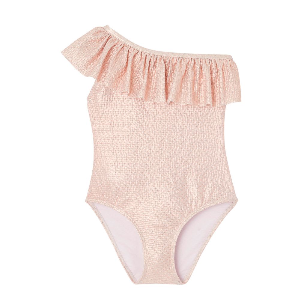 Front view of Lison Paris Byblos One Shoulder Swimsuit in Pink Rose Gold
