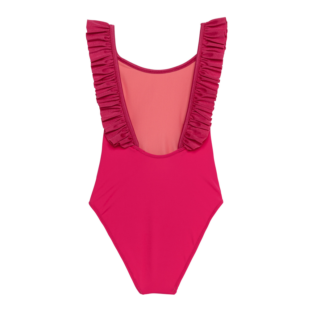 Back of Lison Paris Girl's Bora Bora swimsuit in Framboise pink with ruffles