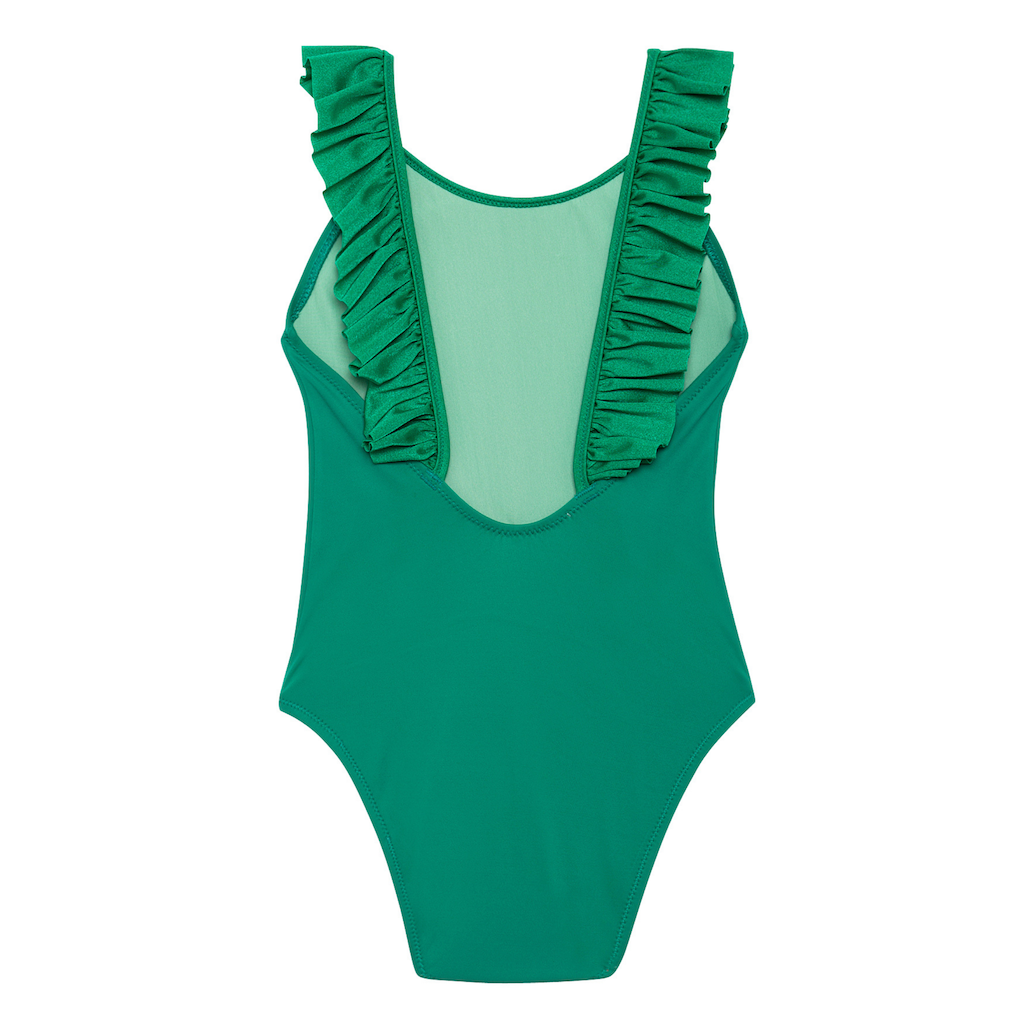 Back of Lison Paris Girl's Bora Bora swimsuit in Tennis green with ruffles