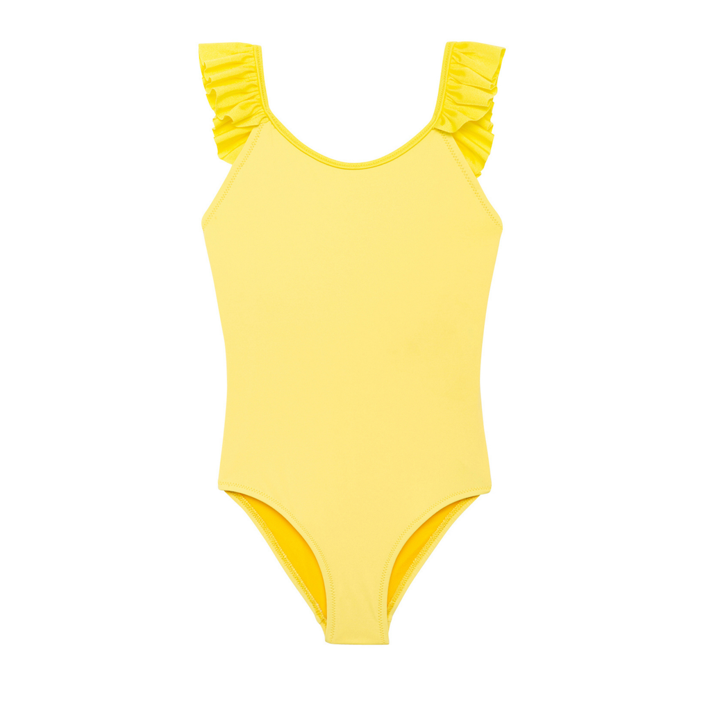 Front of Lison Paris Girl's Bora Bora swimsuit in Yellow with ruffles
