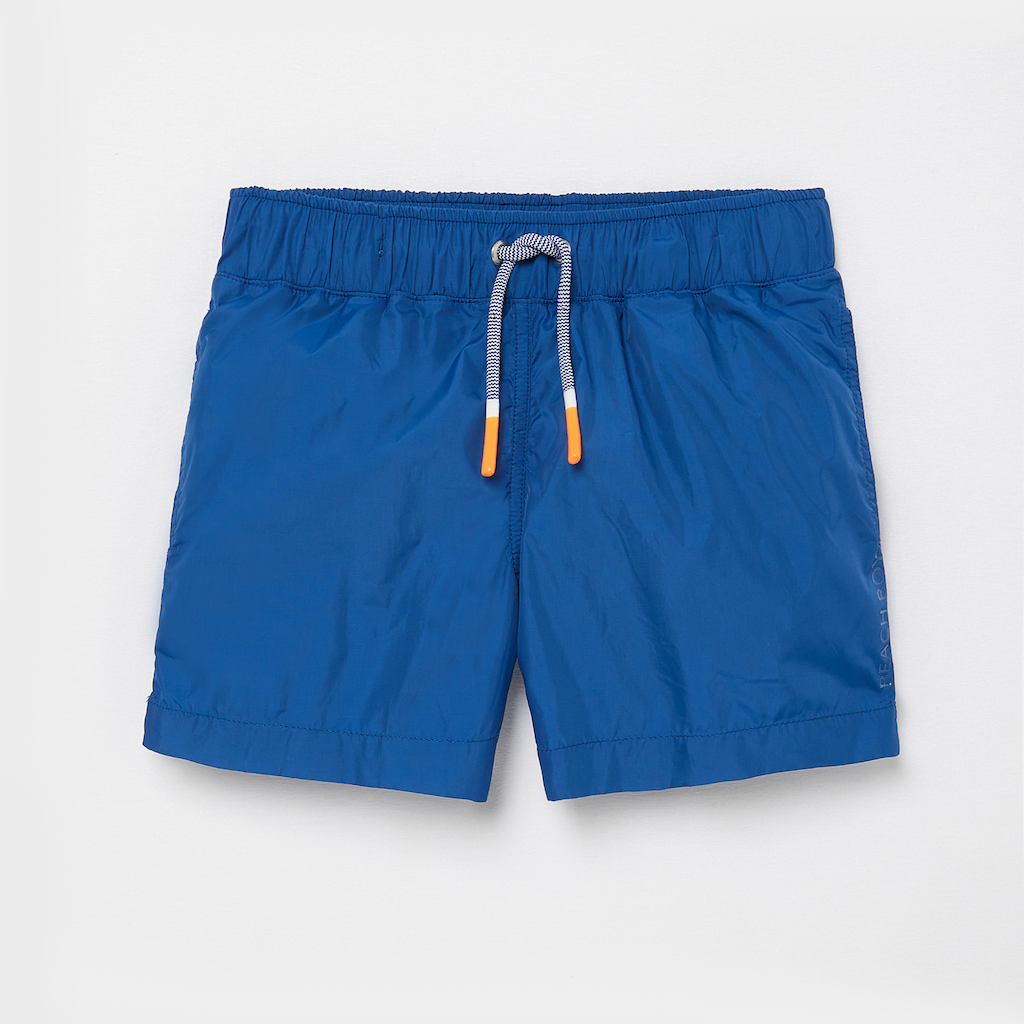 Front of Lison Paris Boys Capri Swim Shorts in Blue with orange drawstring detail