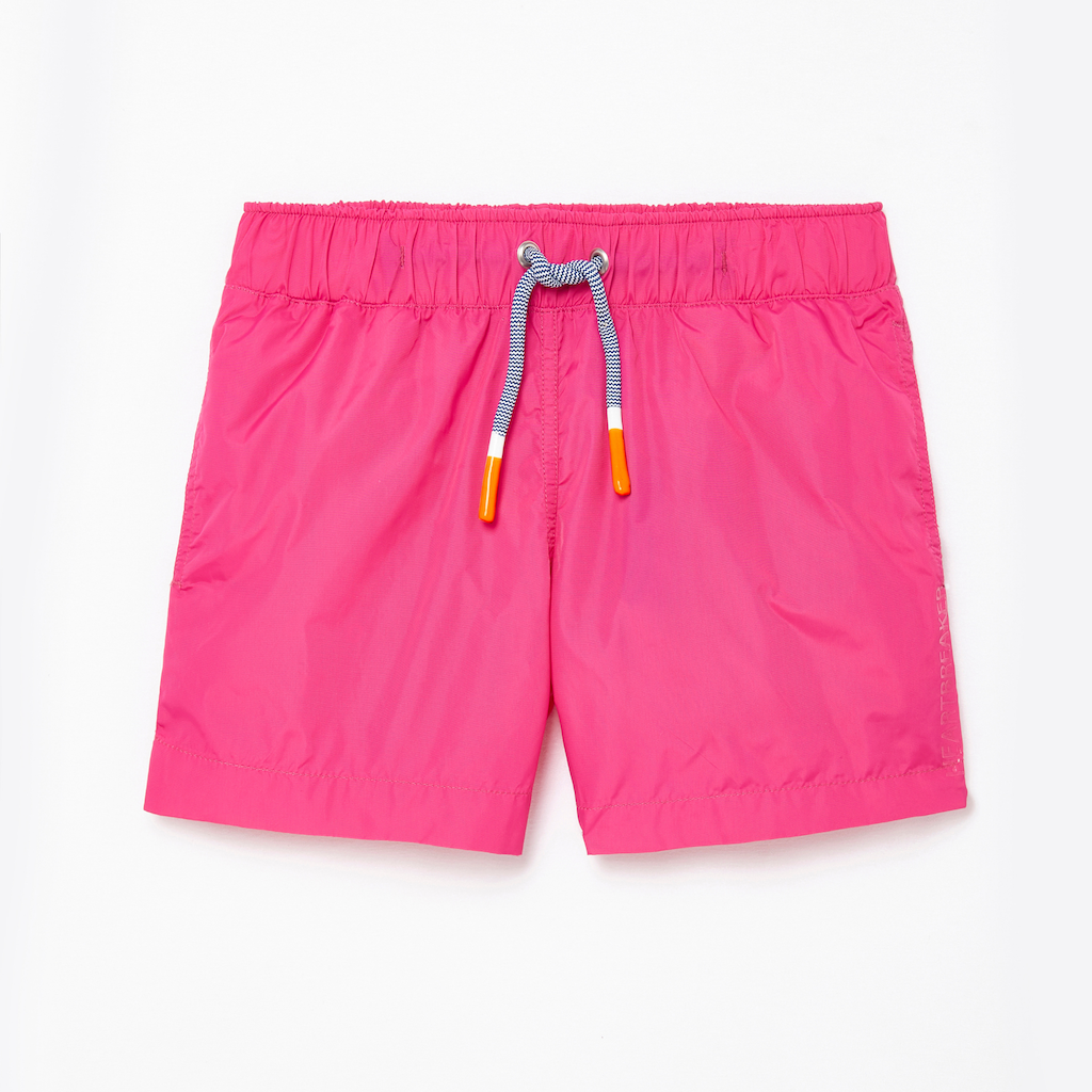 Front of Lison Paris Boys Capri Swim Shorts in pink Rose with orange drawstring detail