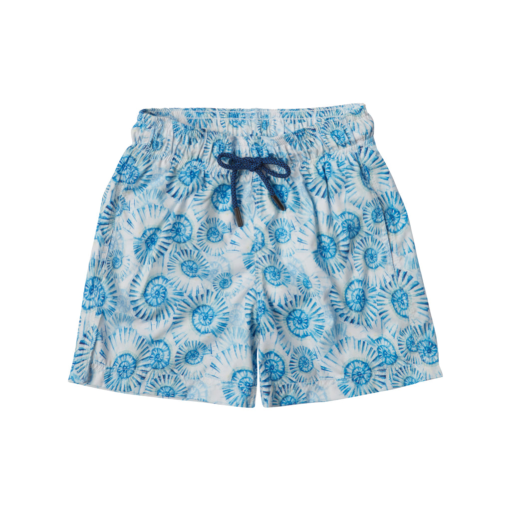 Product shot of the front of the Marie Raxevsky boys light blue sea shell print swim shorts