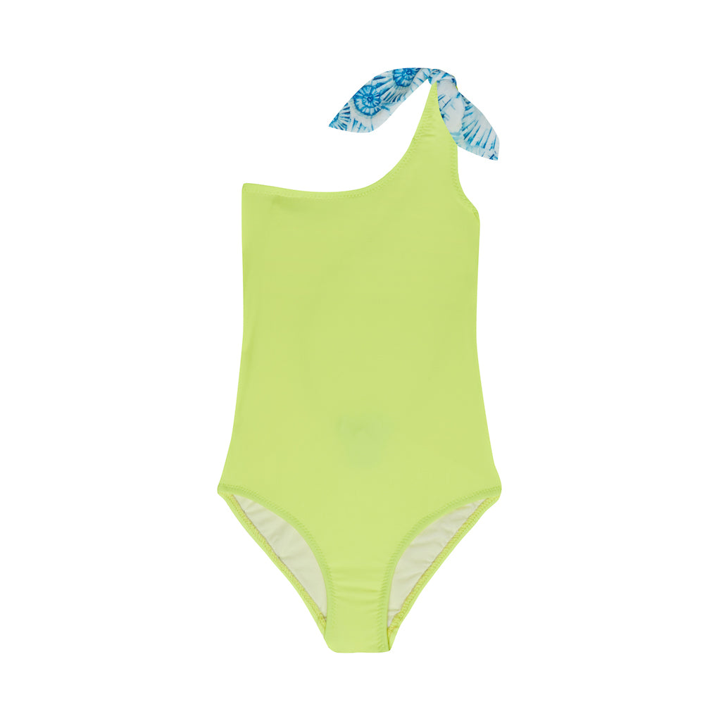 Product shot of the Marie Raxevsky Sea Shells one shoulder one piece swimsuit in neon yellow